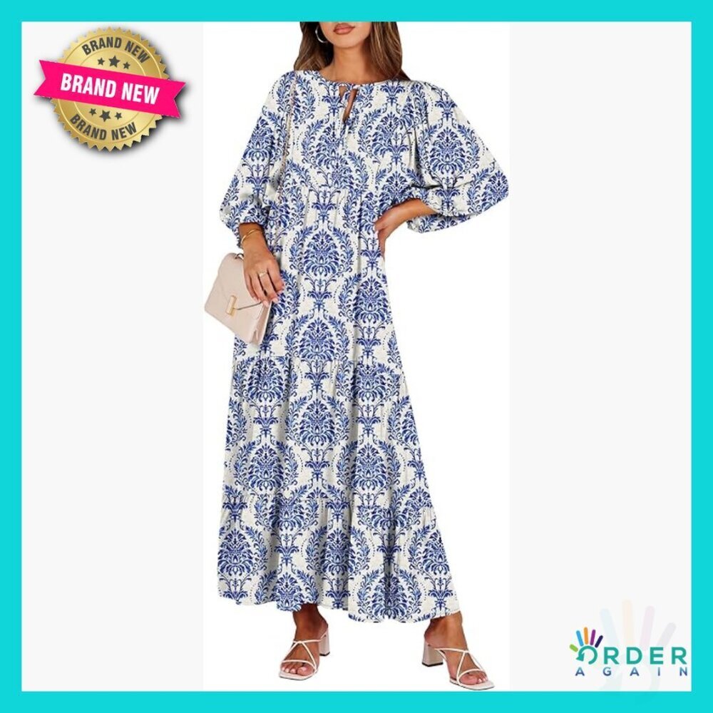 Boho Maxi Dress Flowy Swing V Neck Puff Sleeve Floral Casual Elegant